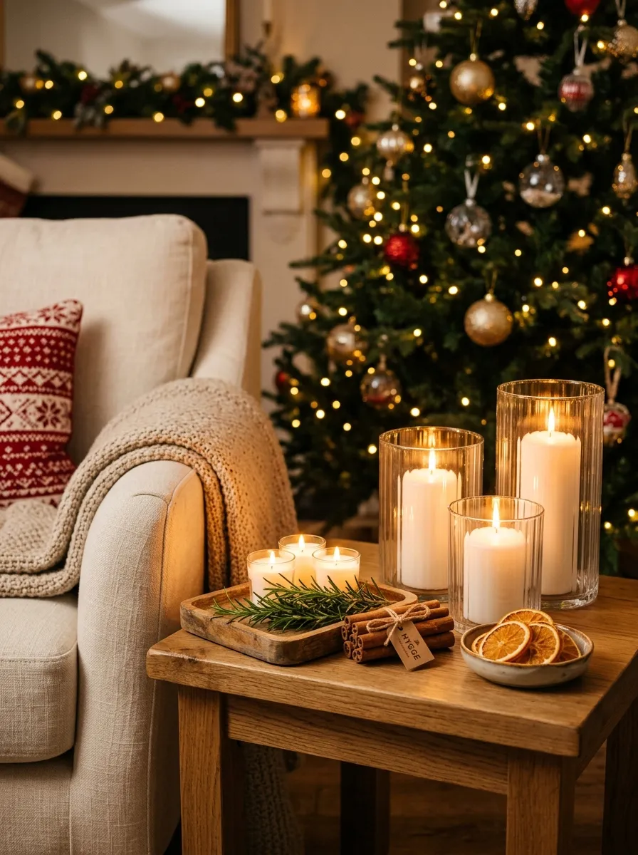 A cozy Christmas candle grouping with pillar candles, cinnamon sticks, dried orange slices, and rosemary as sensory festive living room ideas