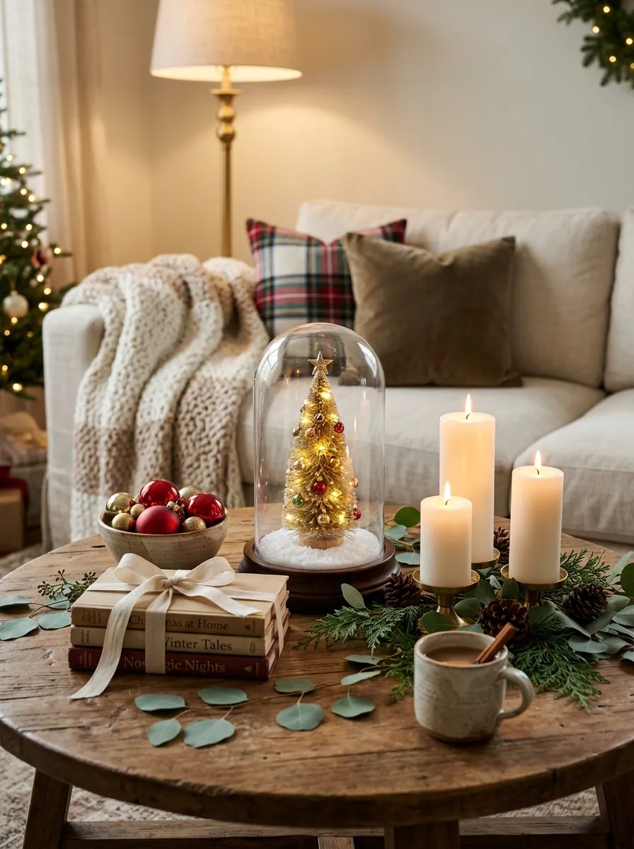 A styled Christmas coffee table vignette featuring a glass cloche tree, pillar candles, red ornaments, and eucalyptus for elegant Christmas room decoration