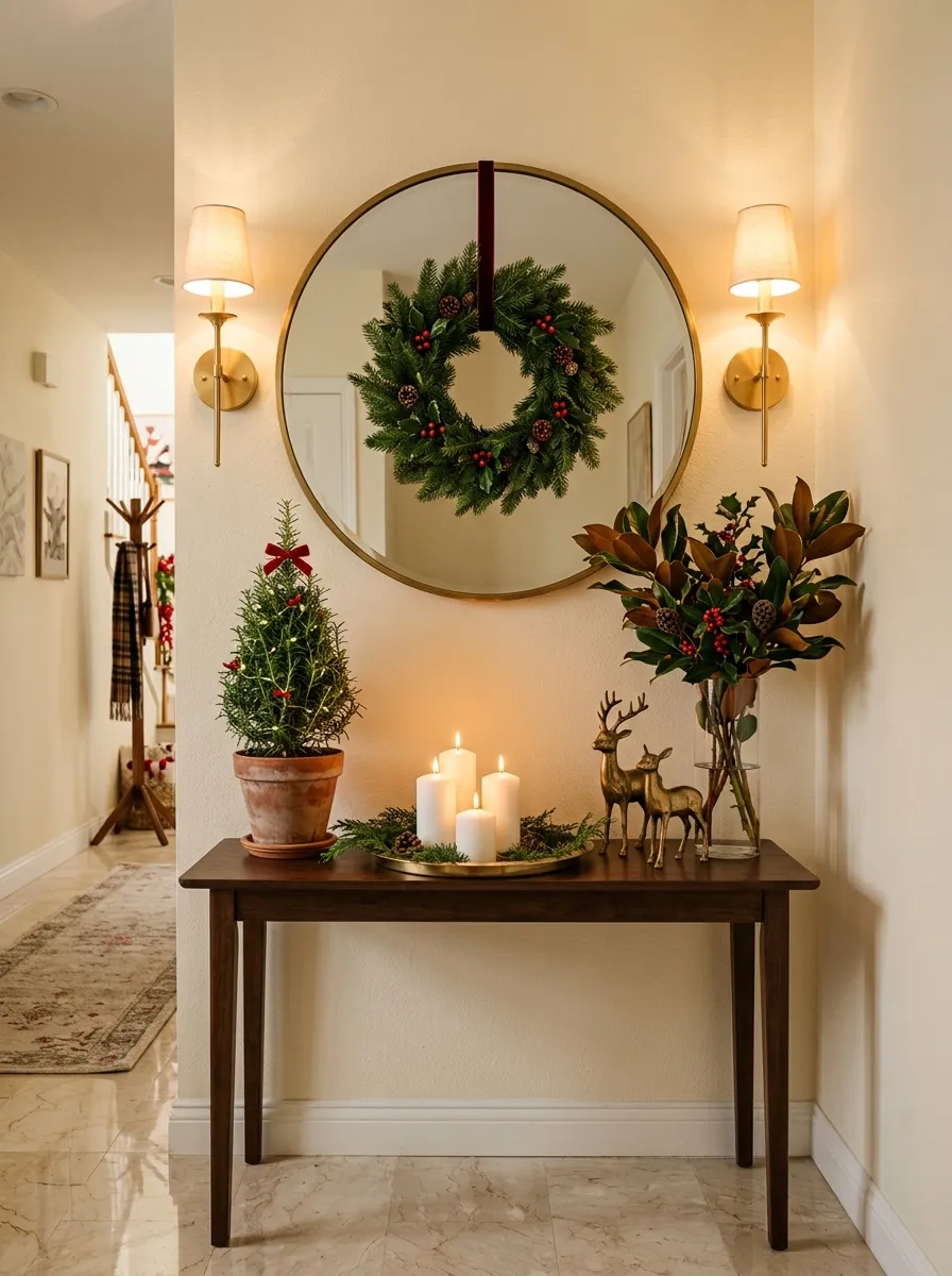 Christmas entry console table with white pillar candles, rosemary topiary, brass deer, and magnolia stems for elegant holiday styling
