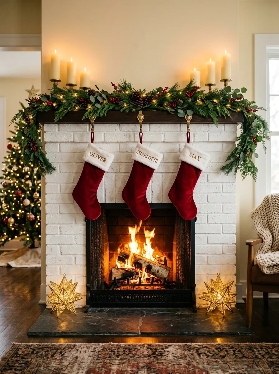 A glowing Christmas fireplace mantle decorated with pine garland, red berry accents, velvet stockings, and candles for holiday living room decor
