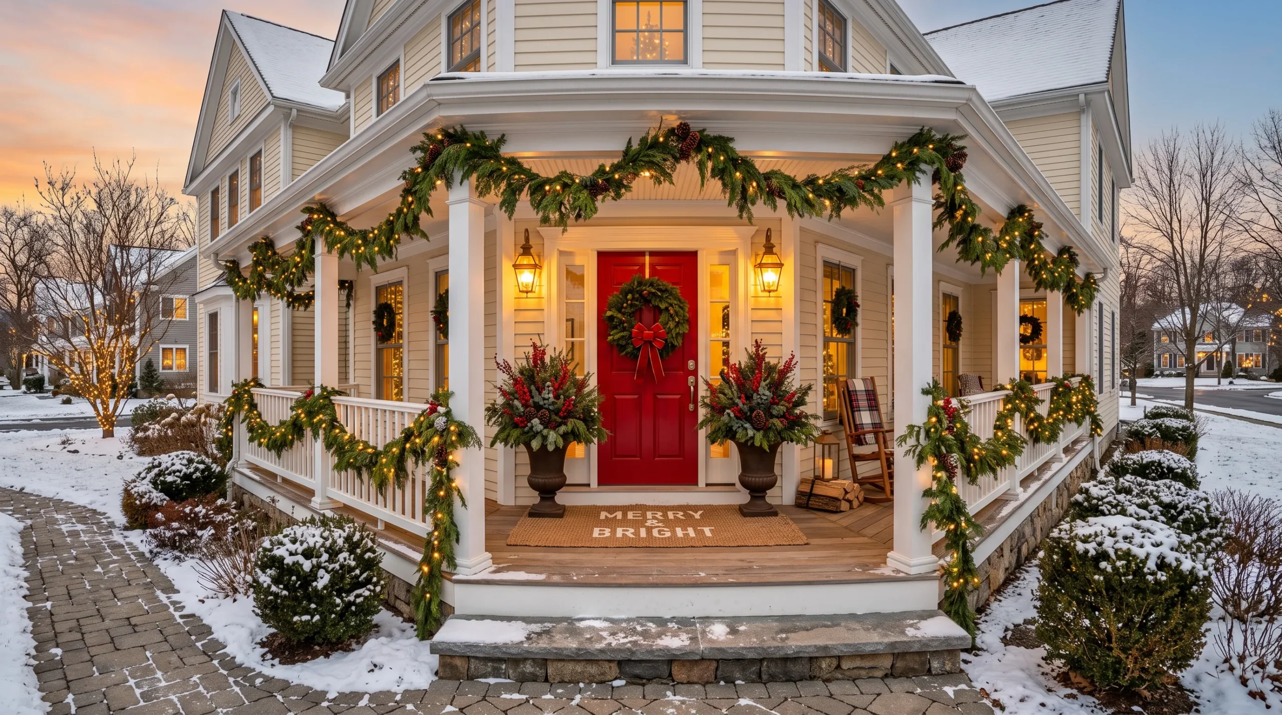 Elegant Christmas Front Porch Decorating Ideas with garland, red door wreath, and warm string lights on a suburban home