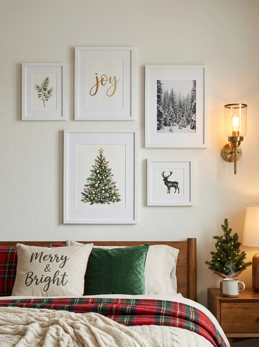 21 Christmas Bedroom Ideas That Make Your Space Feel Magical, Cozy, and Full of Holiday Charm 21 A bedroom gallery wall with five white framed Christmas prints including pine sprigs and a snowy forest for a festive bedroom design.