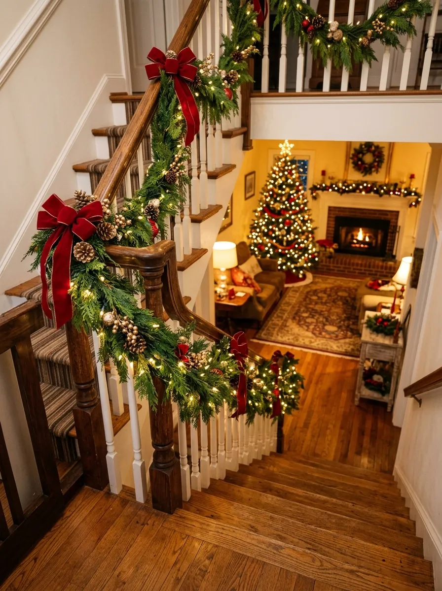 A staircase banister wrapped in pine garland with red ribbon, gold pinecones, and fairy lights connecting to a Christmas decorated living room