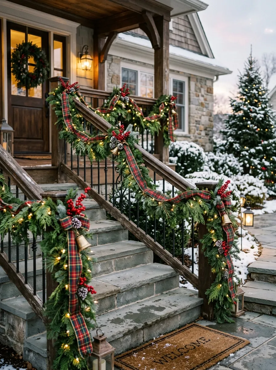 Evergreen garland with plaid ribbon and warm lights draped along porch stair railing for festive holiday front porch decor