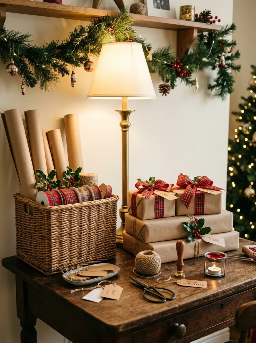 Wooden gift wrapping station with plaid ribbon, kraft paper, and holly sprigs for luxury Christmas decorating ideas at home