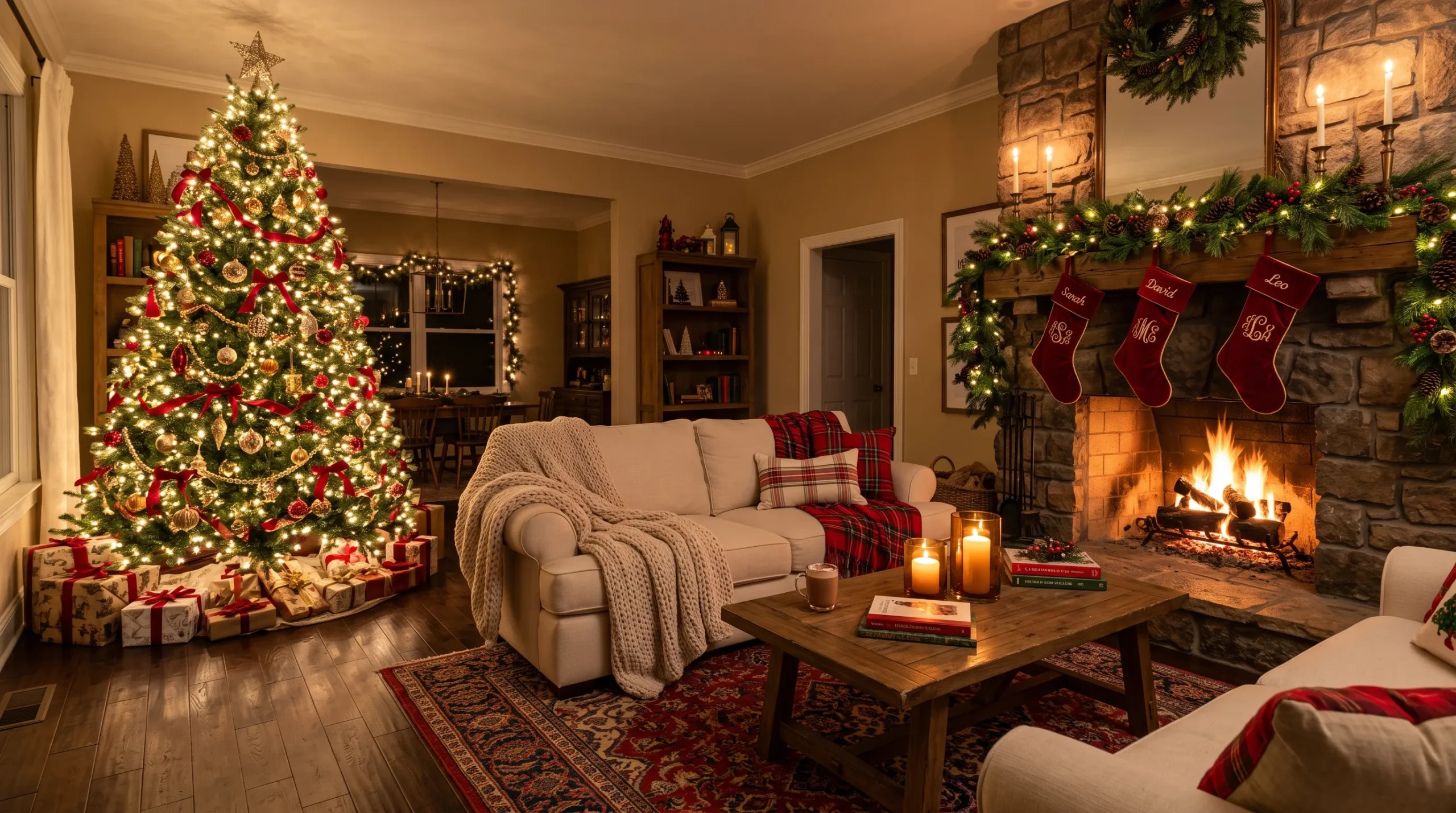 A beautifully decorated Christmas living room with glowing tree, stockings on a stone fireplace, and cozy plaid throws showcasing Christmas Living Room Decor Ideas