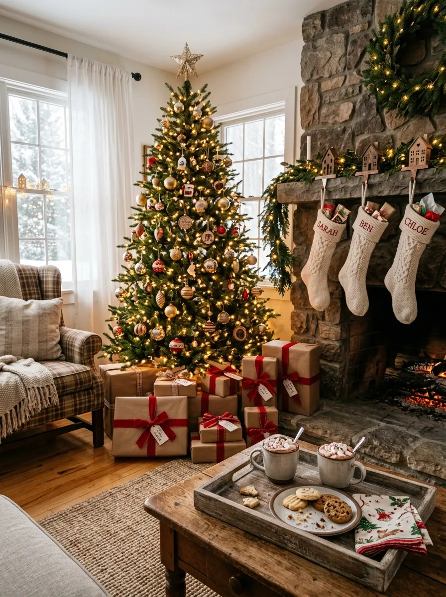A magical Christmas morning living room with wrapped gifts under the tree, full stockings on the mantle, and cocoa mugs on the coffee table as the ultimate holiday living room decor
