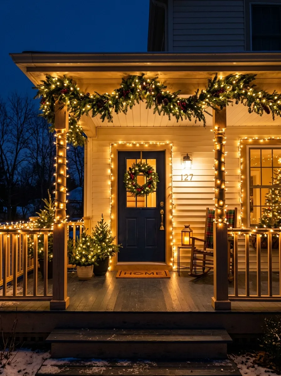 Front porch outlined in warm white string lights and evergreen garland as magical Christmas Front Porch Decorating Ideas at dusk