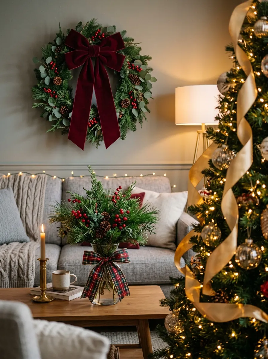 Close-up of velvet ribbon bows, gold satin tree ribbon, and plaid bow accents used as Christmas home decorating ideas throughout a festive living room