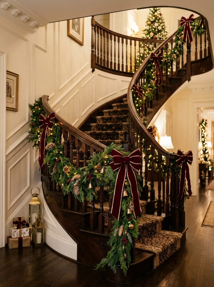 Christmas staircase garland with fresh pine, velvet burgundy ribbon bows, and warm fairy lights for elegant holiday home styling