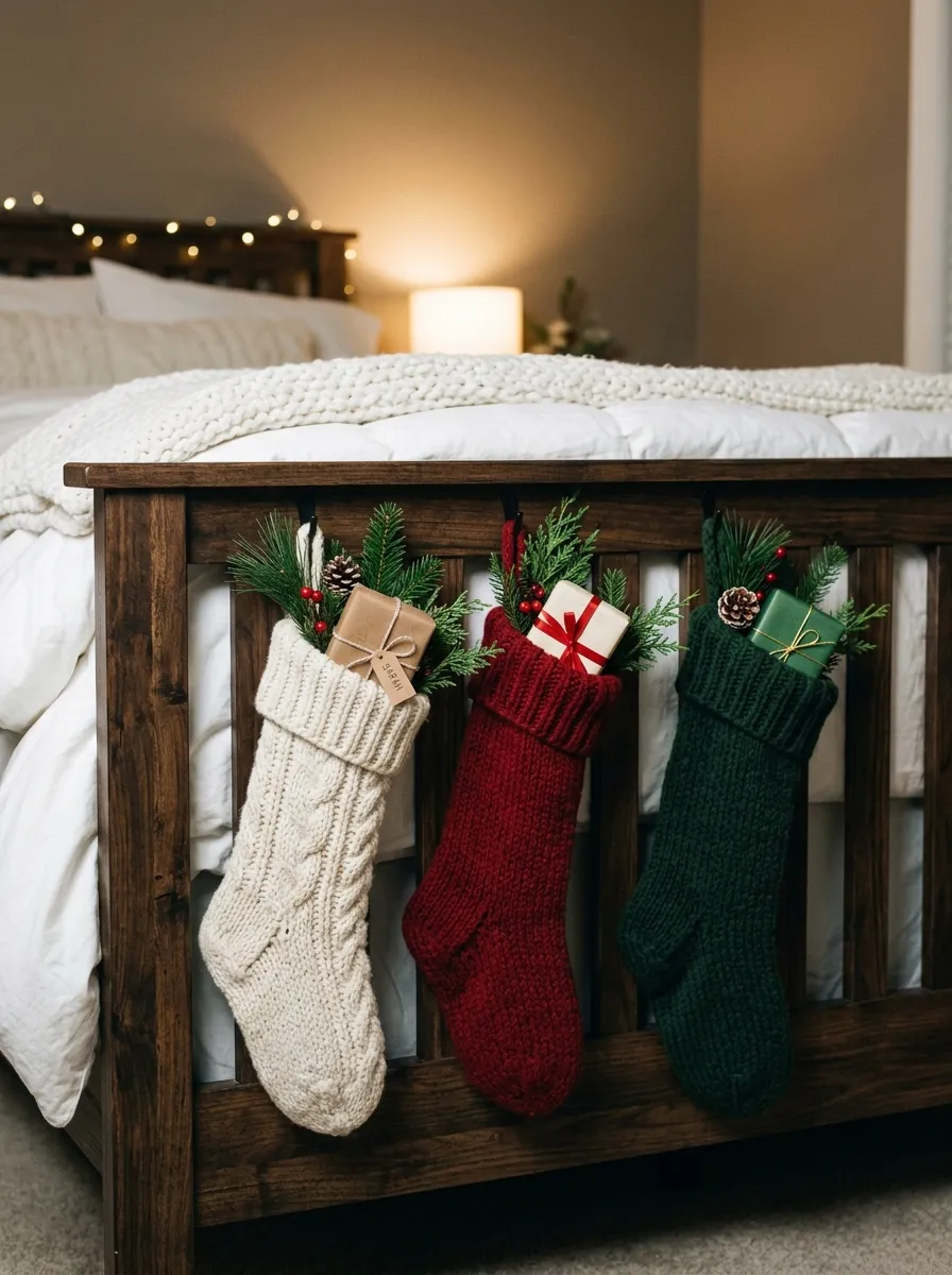 21 Christmas Bedroom Ideas That Make Your Space Feel Magical, Cozy, and Full of Holiday Charm 16 Three knit Christmas stockings in cream, red, and green hanging from a bedroom footboard for a cozy holiday bedroom decor display.