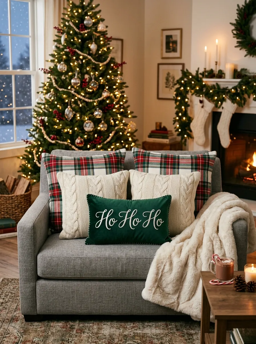A gray sofa styled with layered Christmas throw pillows in plaid flannel, cable knit, and velvet representing cozy Christmas living room decoration ideas