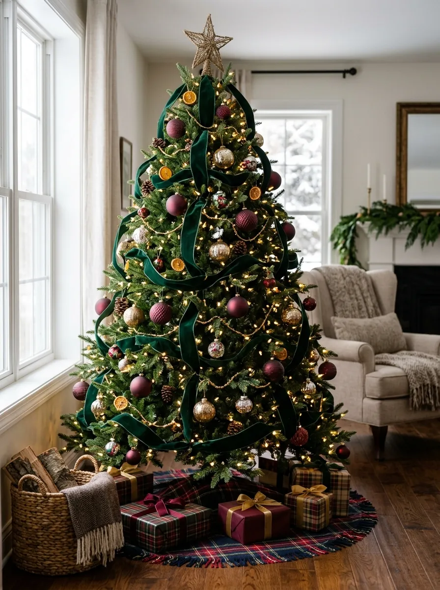 Christmas tree with deep green velvet ribbon, burgundy ornaments, and warm fairy lights for a rich sophisticated holiday home look