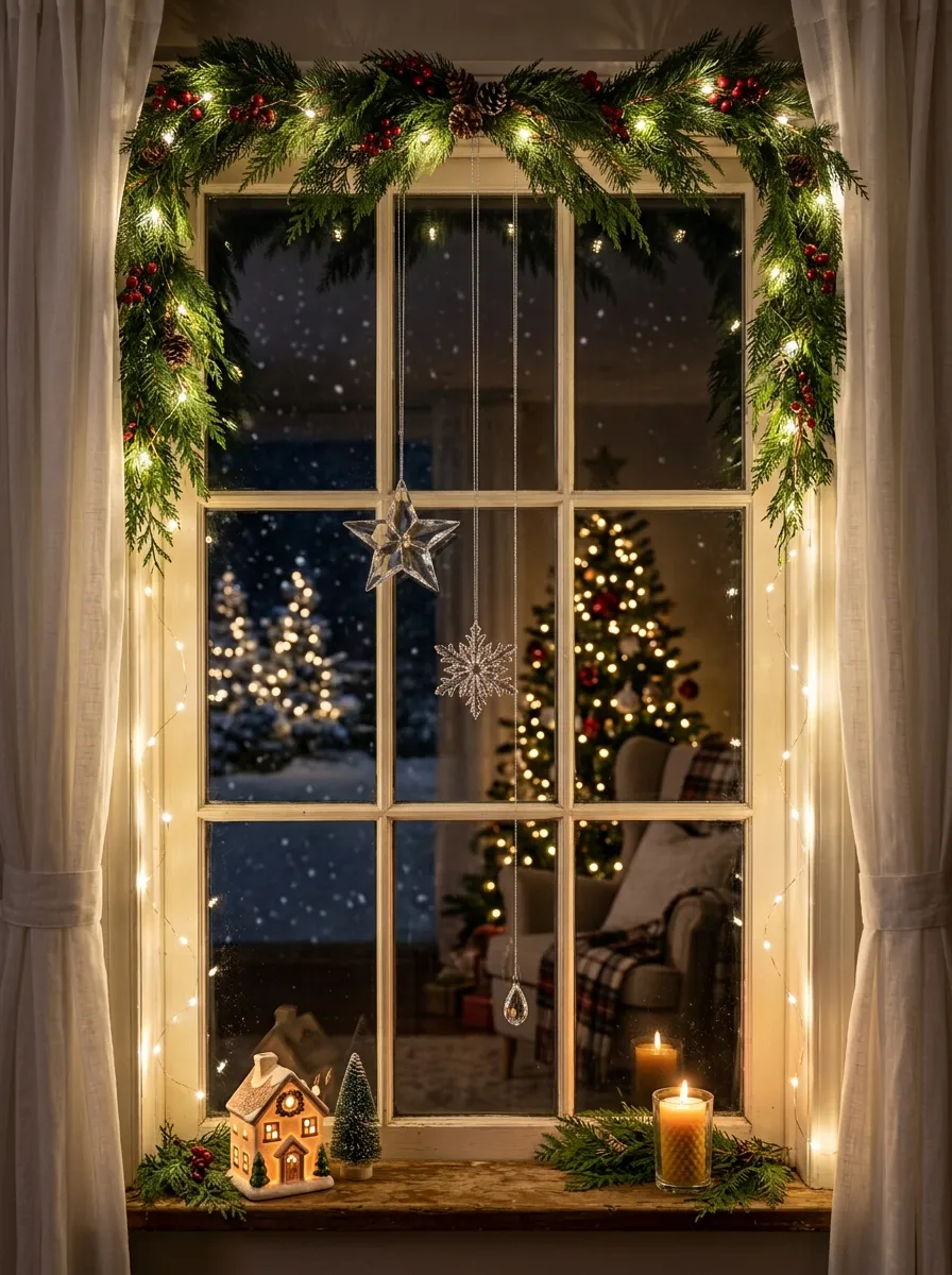 A living room window decorated with cedar garland, fairy lights, and hanging crystal ornaments as part of stunning holiday living room decor ideas