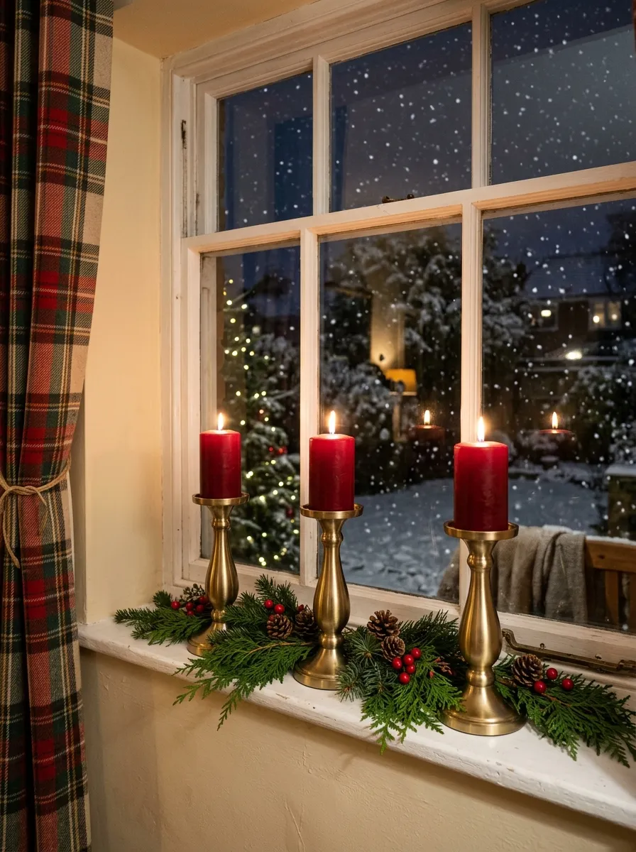 Windowsill with brass candles and fresh cedar clippings in a winter Christmas display for classic holiday home decorating