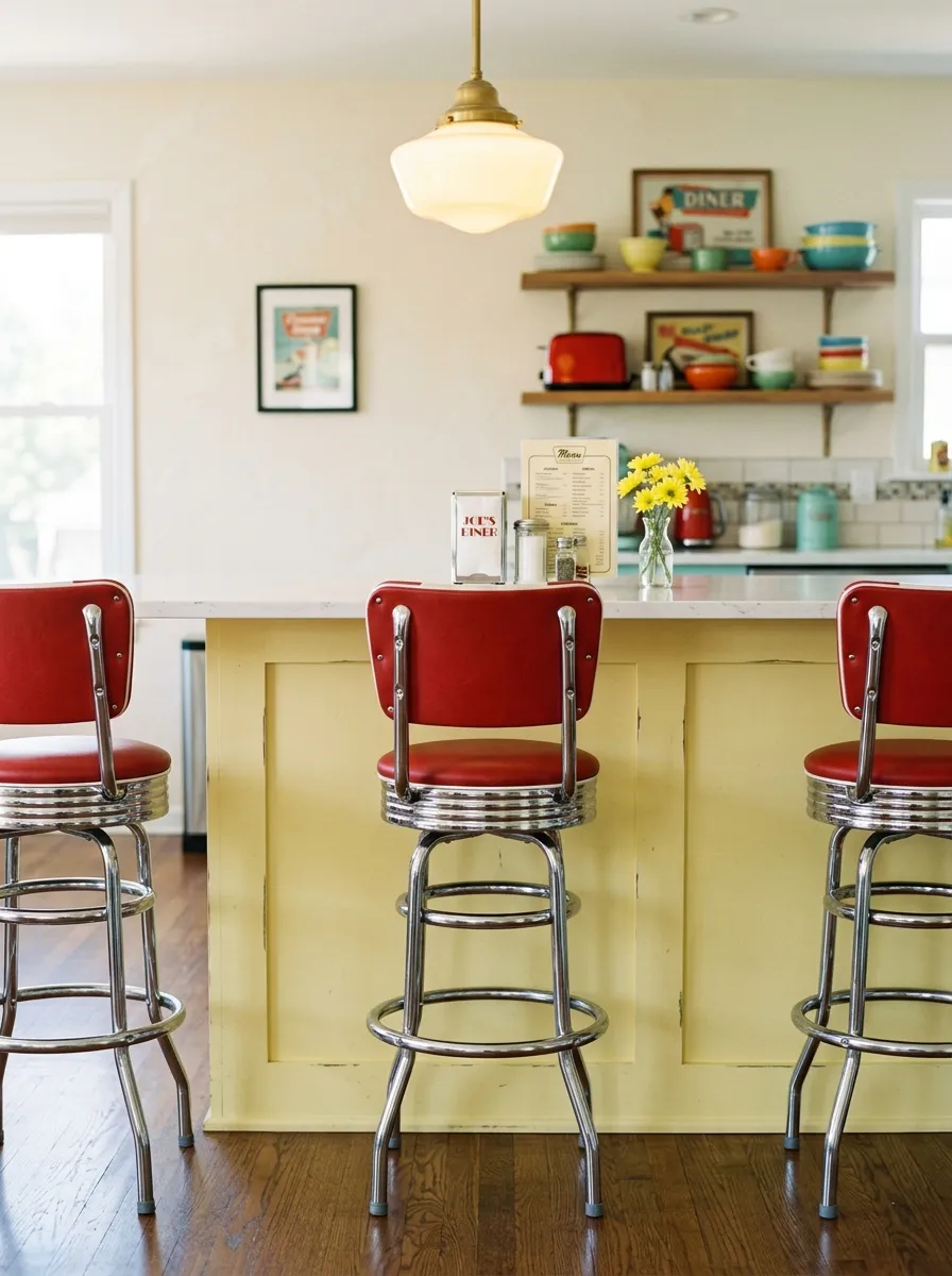 Three chrome and red vinyl swivel bar stools at a pale yellow island in a retro styled kitchen