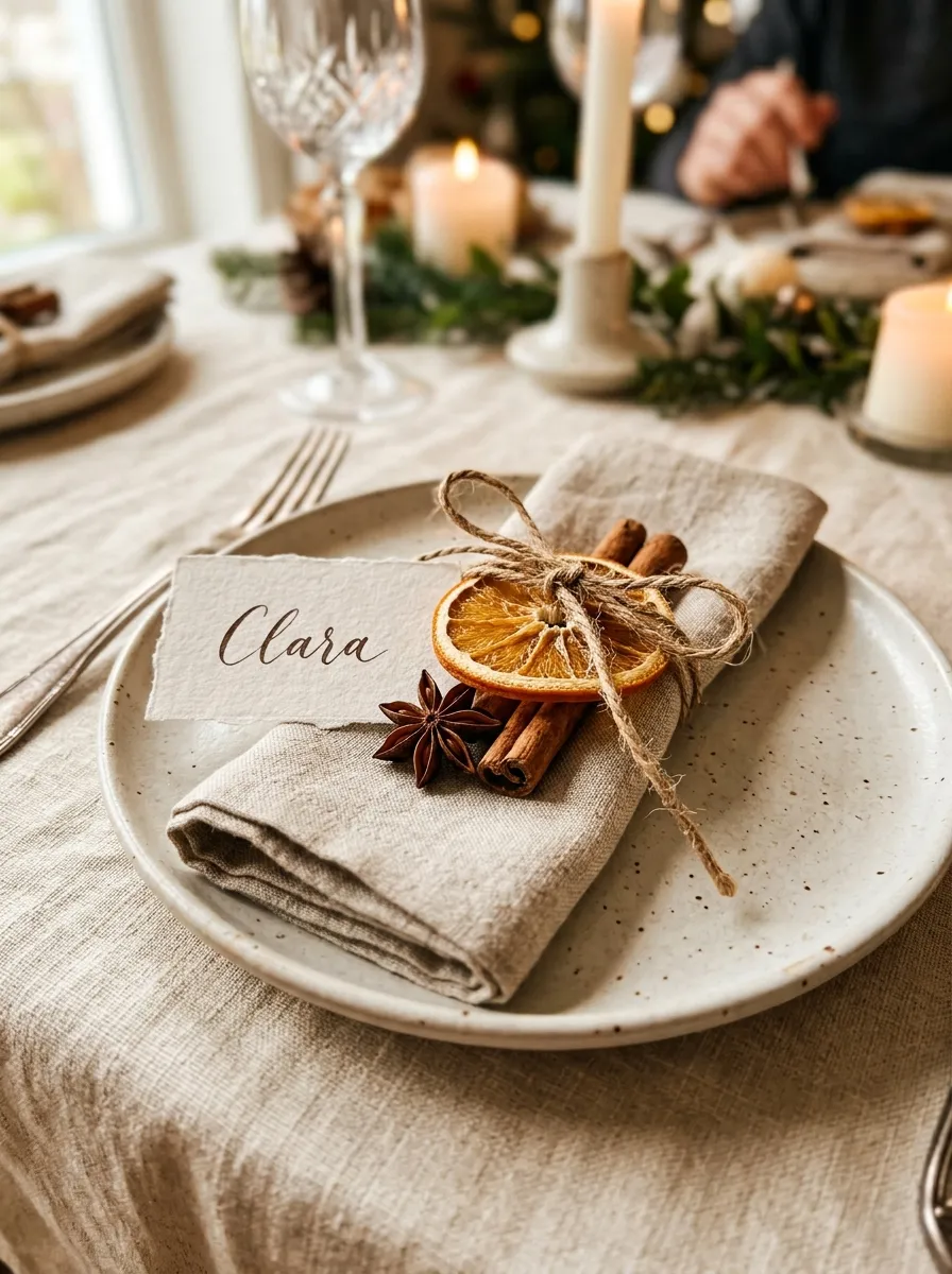 Linen napkin tied with cinnamon sticks star anise and dried orange as a fragrant natural place setting detail