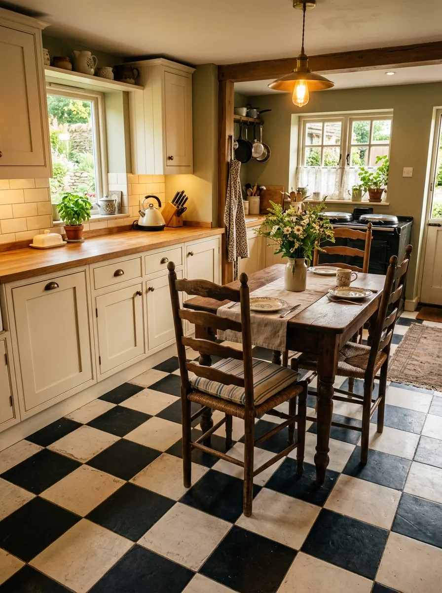 Black and white checkered tile floor with cream cabinets and wooden table in a cheerful farmhouse kitchen charm space