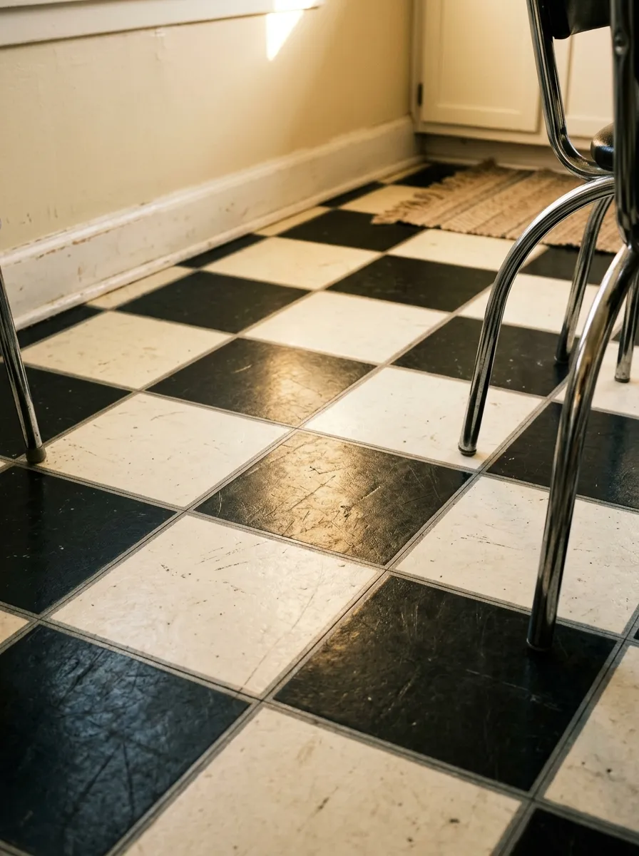 Black and white checkered floor in a vintage kitchen with chrome furniture legs and warm golden light