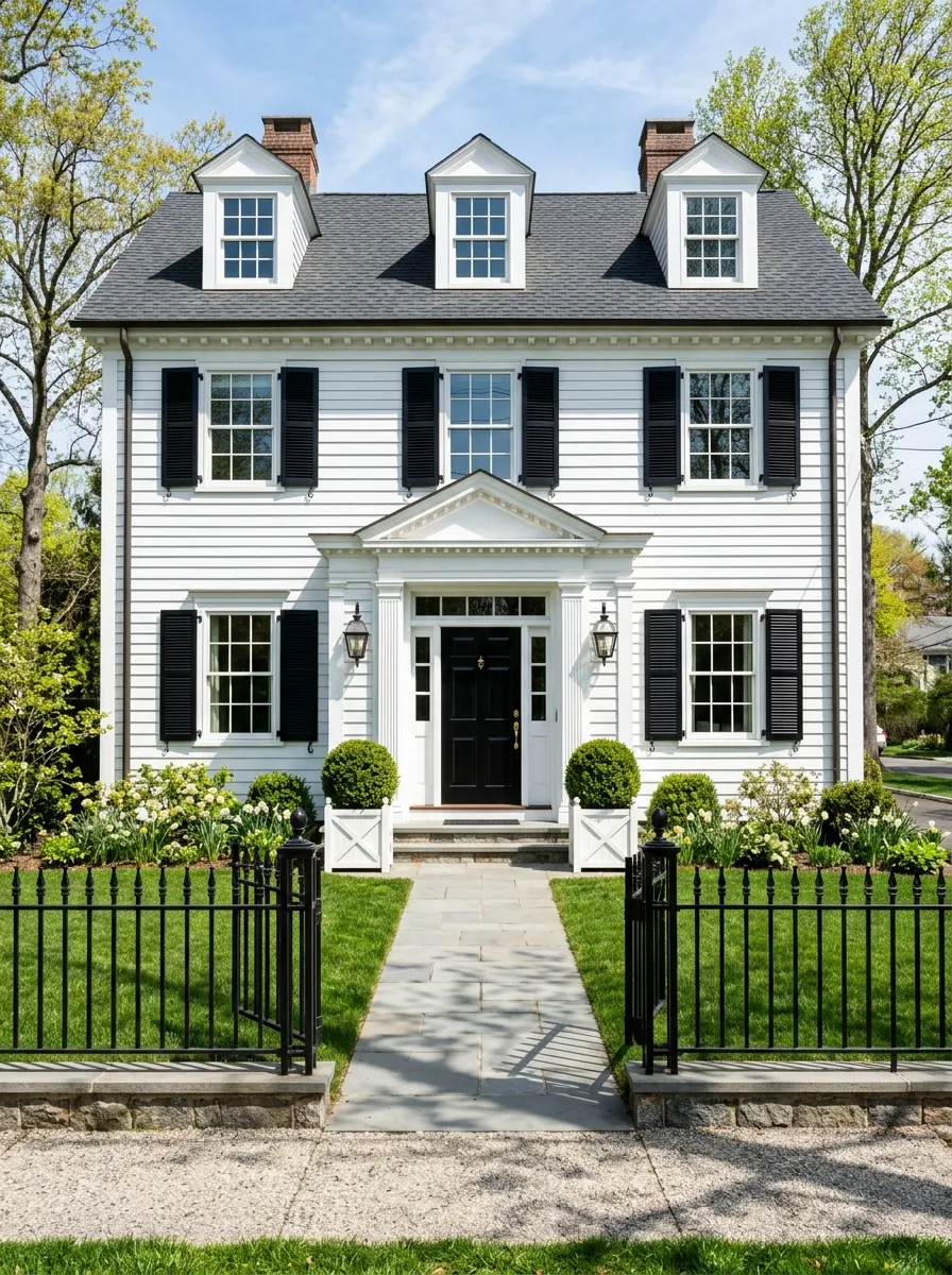 White Georgian colonial exterior with black shutters and glossy black door, the most timeless and crisp choice in best exterior paint colors for 2026
