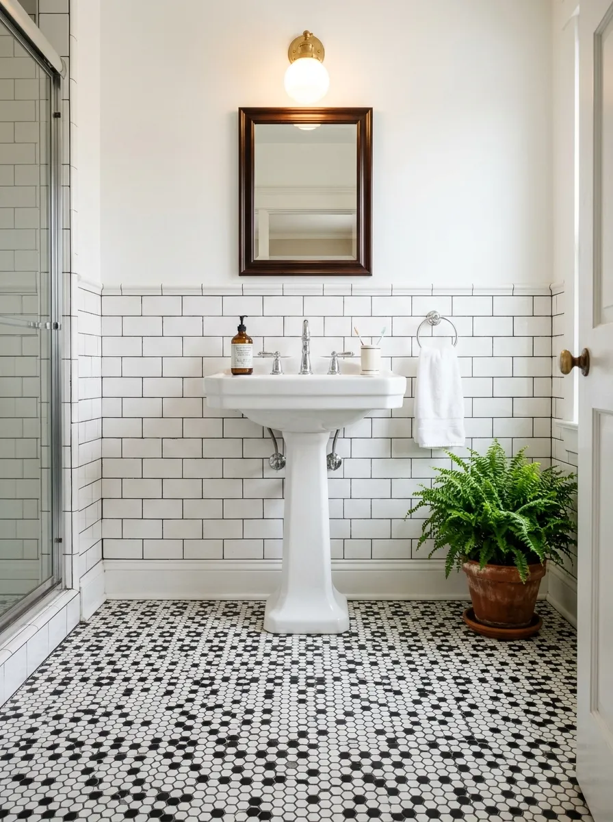 18 Black and White Bathroom Ideas That Photograph Beautifully and Look Just as Good in Real Life 1 Classic black and white hexagon tile floor in a bright bathroom with white walls and chrome fixtures