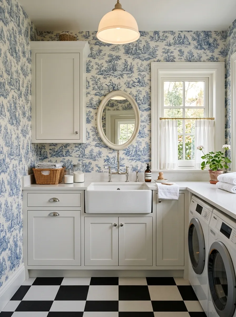 Elegant laundry room with blue and white toile de jouy laundry room wallpaper, white shaker cabinetry, chrome handles, and black and white checkerboard floor