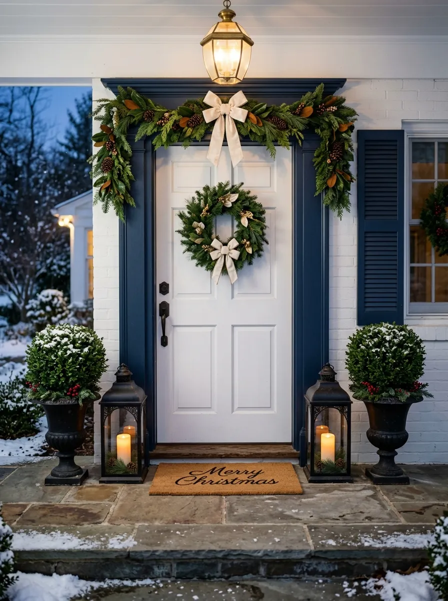 Christmas front porch with black iron lanterns, boxwood topiaries, magnolia garland, and cream velvet bow for classic elegant curb appeal
