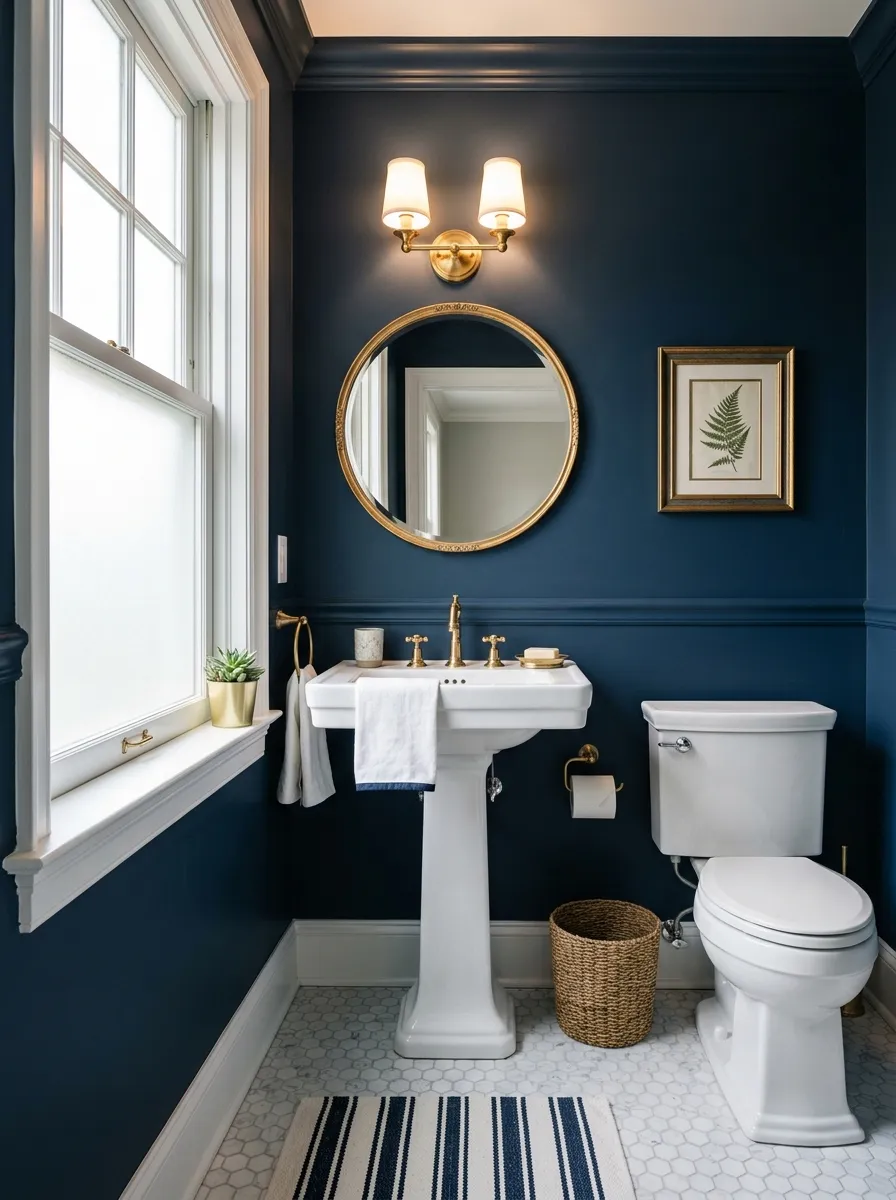 16 Half Bathroom Ideas That Maximize Style, Function, and Impact in a Small Space 9 Classic half bathroom with navy blue walls, white pedestal sink, round gold mirror, and botanical art print