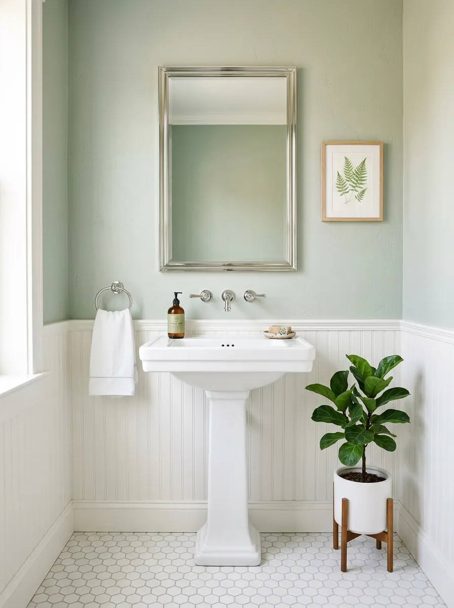 16 Half Bathroom Ideas That Maximize Style, Function, and Impact in a Small Space 11 Classic half bathroom with white pedestal sink, sage green walls, white wainscoting, and hexagon tile floor