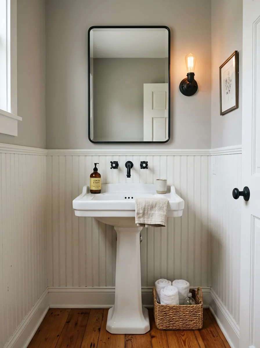 White pedestal sink with beadboard wainscoting and matte black mirror in a classic styled small guest bathroom