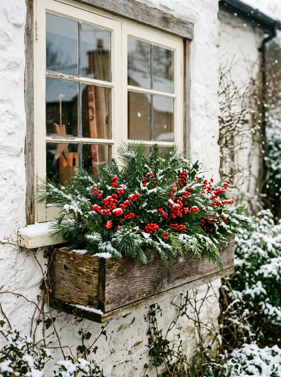 18 Winter Window Box Ideas That Bring Magical Seasonal Charm to Your Home Exterior 1 Rustic wooden window box filled with pine branches and red berries, a timeless winter window box display