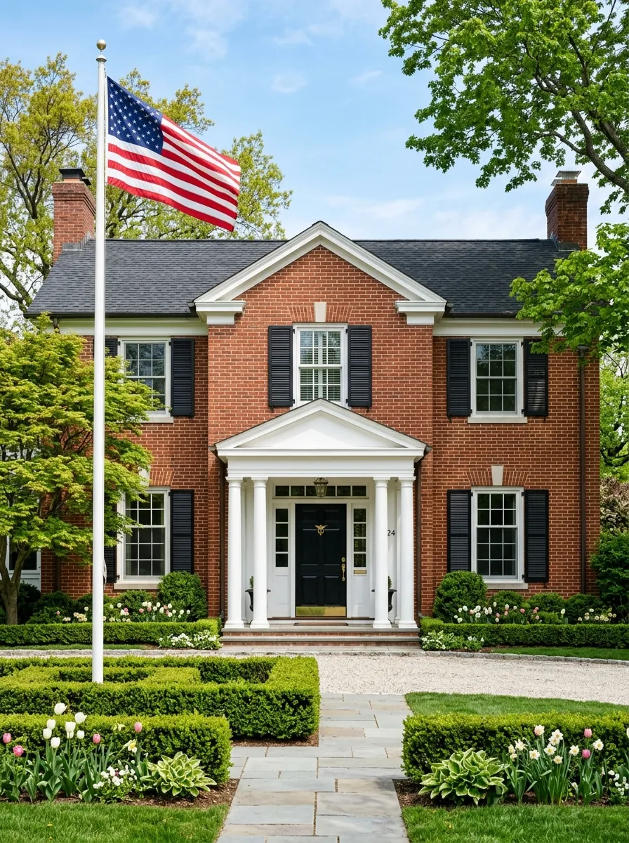 Classic red brick colonial home with white trim, black shutters, and brass entry details, a timeless entry in curb appeal color schemes for 2026