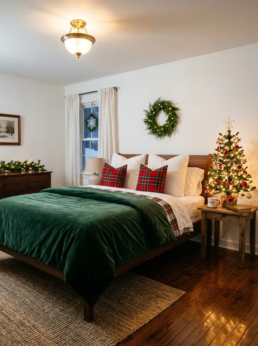 21 Christmas Bedroom Ideas That Make Your Space Feel Magical, Cozy, and Full of Holiday Charm 2 A bedroom with deep green velvet bedding and red plaid pillows capturing a classic Christmas room decoration style.