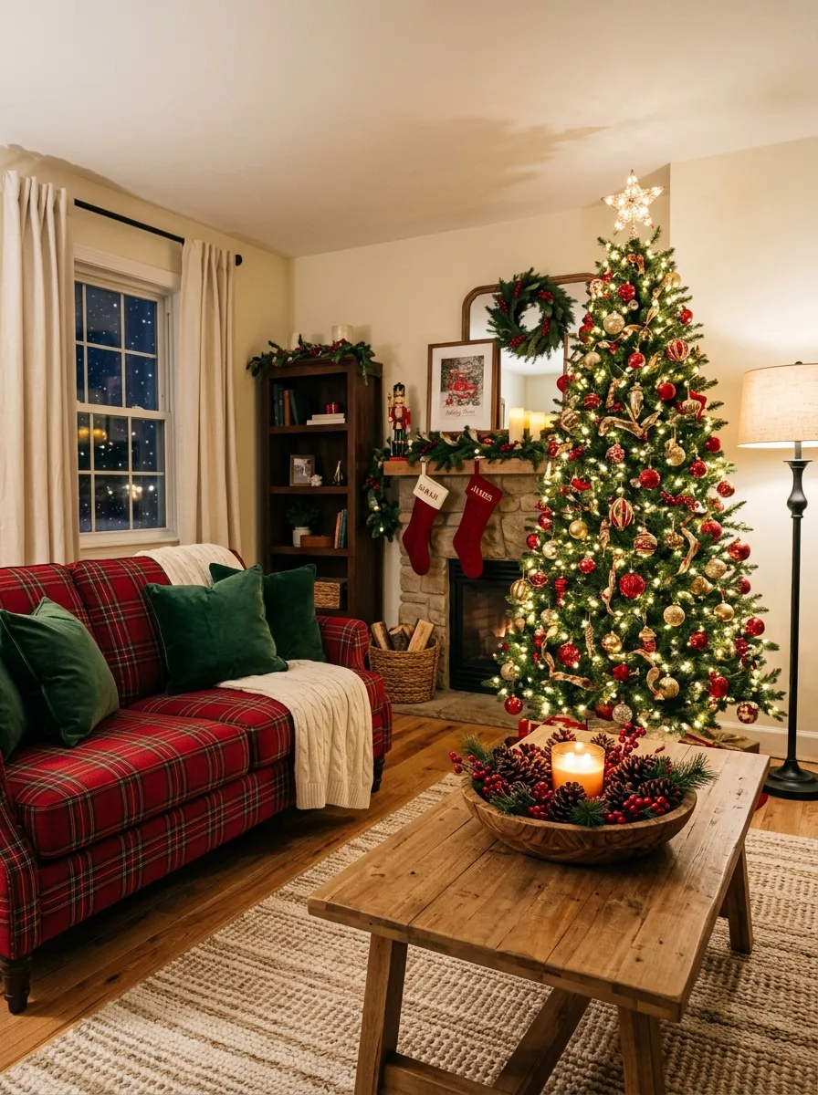 A traditional Christmas living room featuring red plaid sofa, green velvet pillows, and a decorated tree representing classic holiday living room decor