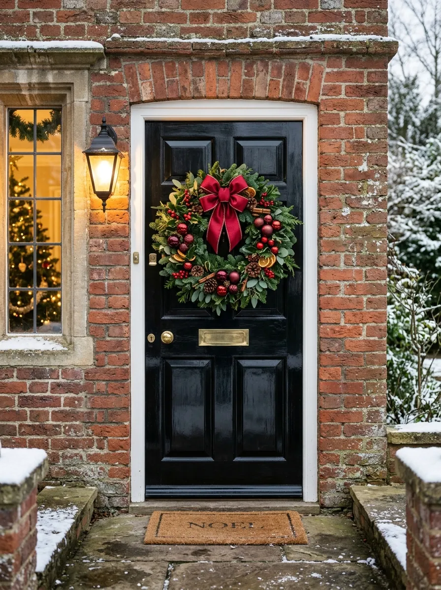 21 Christmas Wreath Ideas That Make Your Front Door the Most Beautiful on the Street 1 A classic red and green Christmas wreath hanging on a glossy black front door with ornaments, holly, and a satin bow