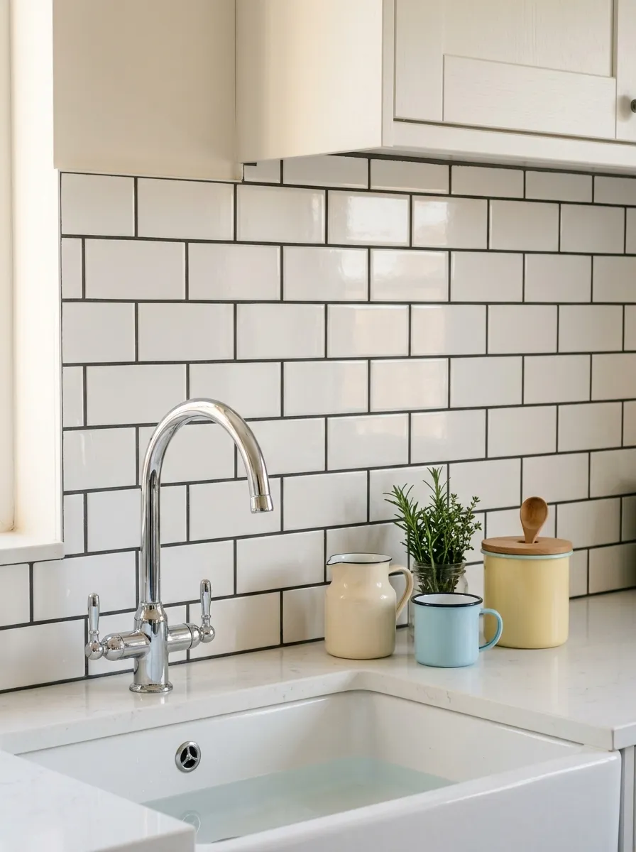 Glossy white subway tiles with grey grout above a farmhouse sink in a vintage inspired retro kitchen