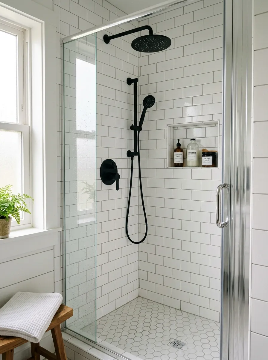 White subway tile shower with dark grout and matte black fixtures in a classic modern farmhouse bathroom design