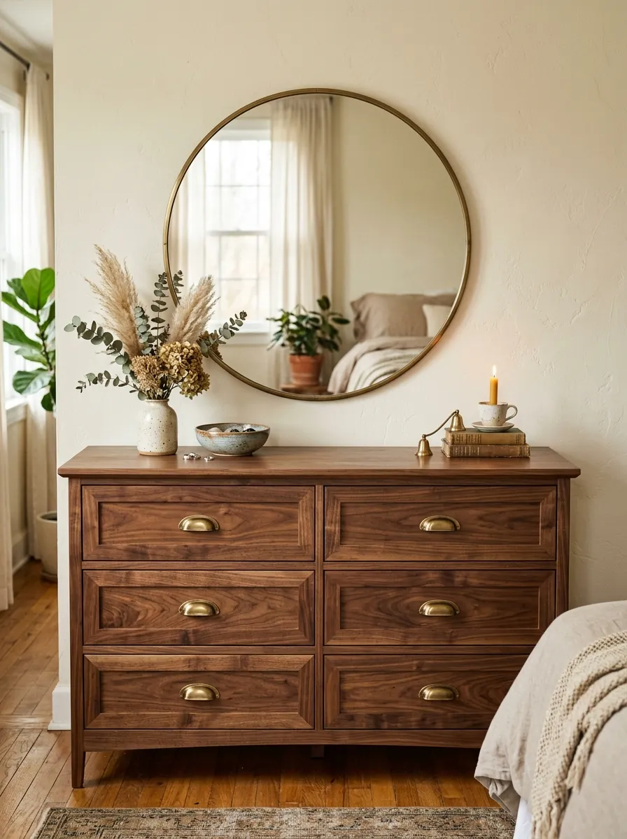 Walnut wood dresser with brass pulls and round mirror in a timeless bedroom decor ideas setting