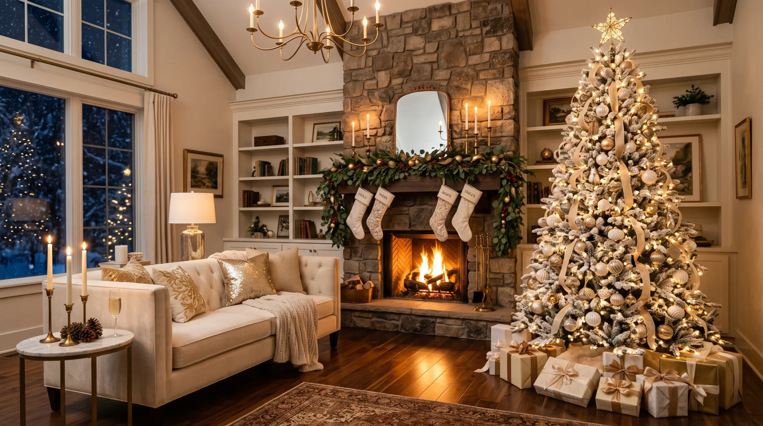 19 Classy Christmas Décor Ideas That Make Your Home Feel Elegant, Luxurious, and Guest-Ready 22 Classy Christmas Decor Ideas featuring a flocked tree, champagne ornaments, and warm candlelight in a luxury living room