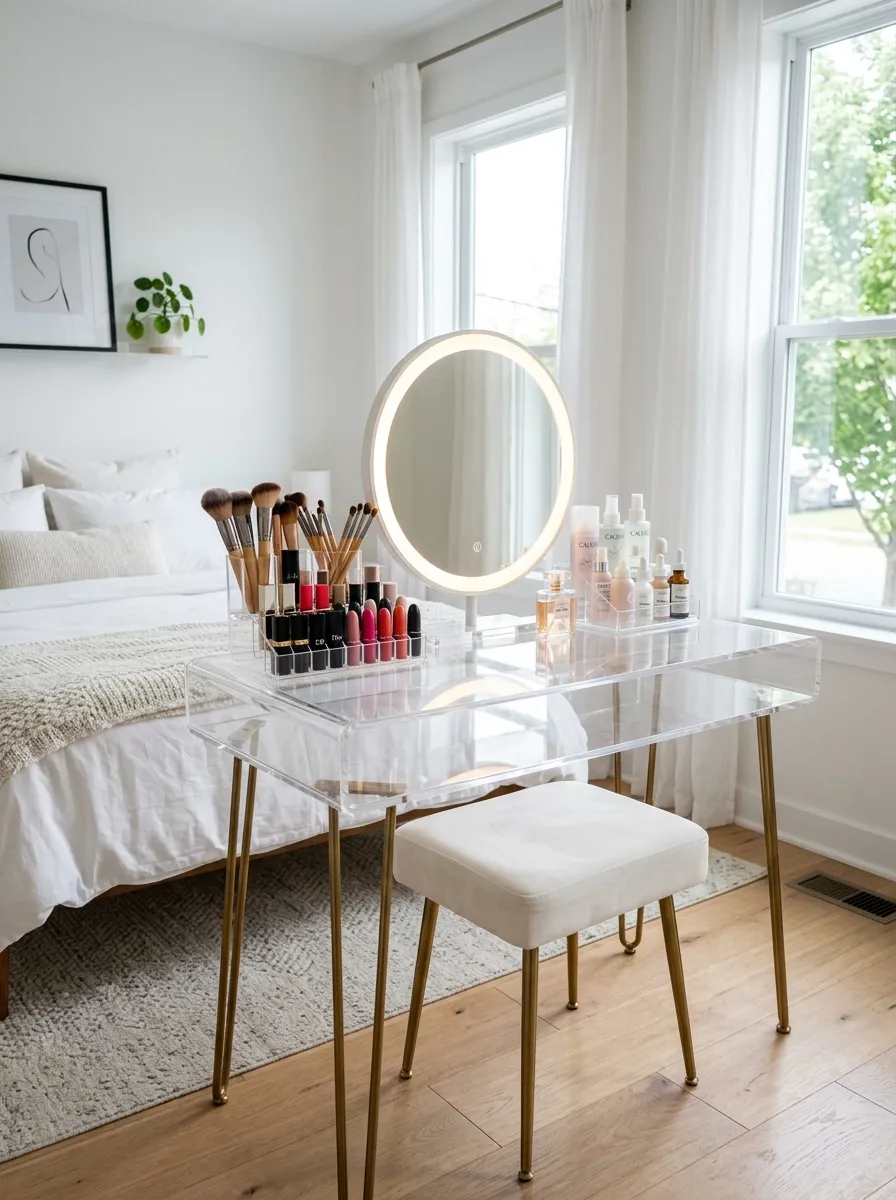 19 Small Bedroom Vanity Ideas to Create an Instagram Worthy Beauty Space With Style 6 Transparent acrylic vanity table with LED round mirror and clear organizers in a bright minimalist bedroom