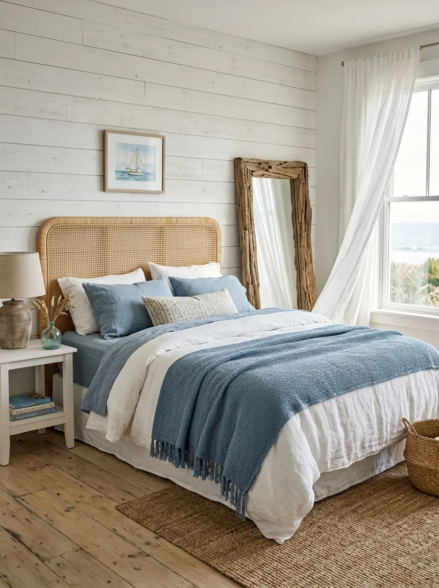Coastal boutique bedroom with rattan headboard, white linen bedding, and sheer curtains in a breezy airy sanctuary style