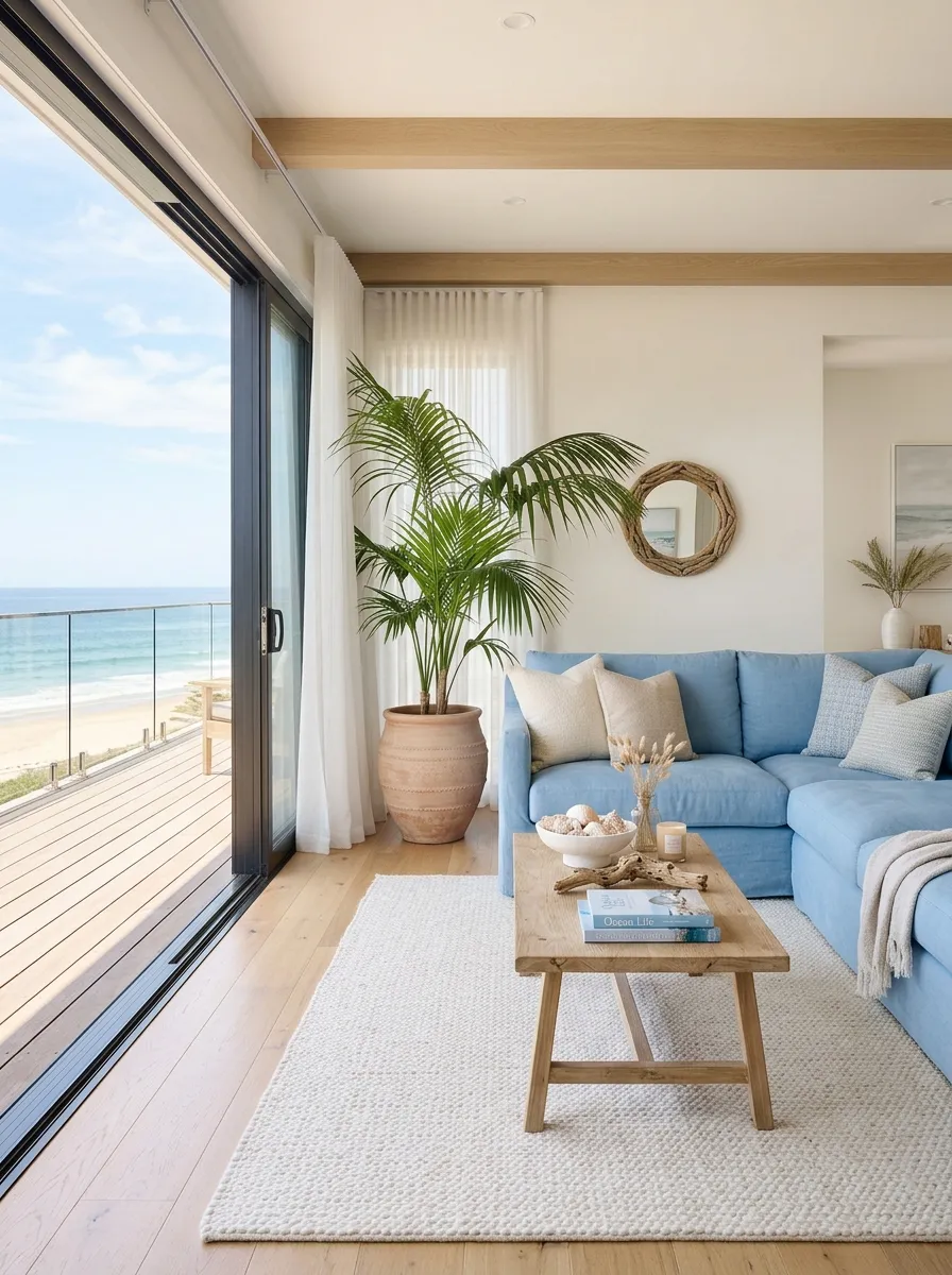 Sky blue linen sectional sofa in a coastal living room with palm plants and driftwood accessories