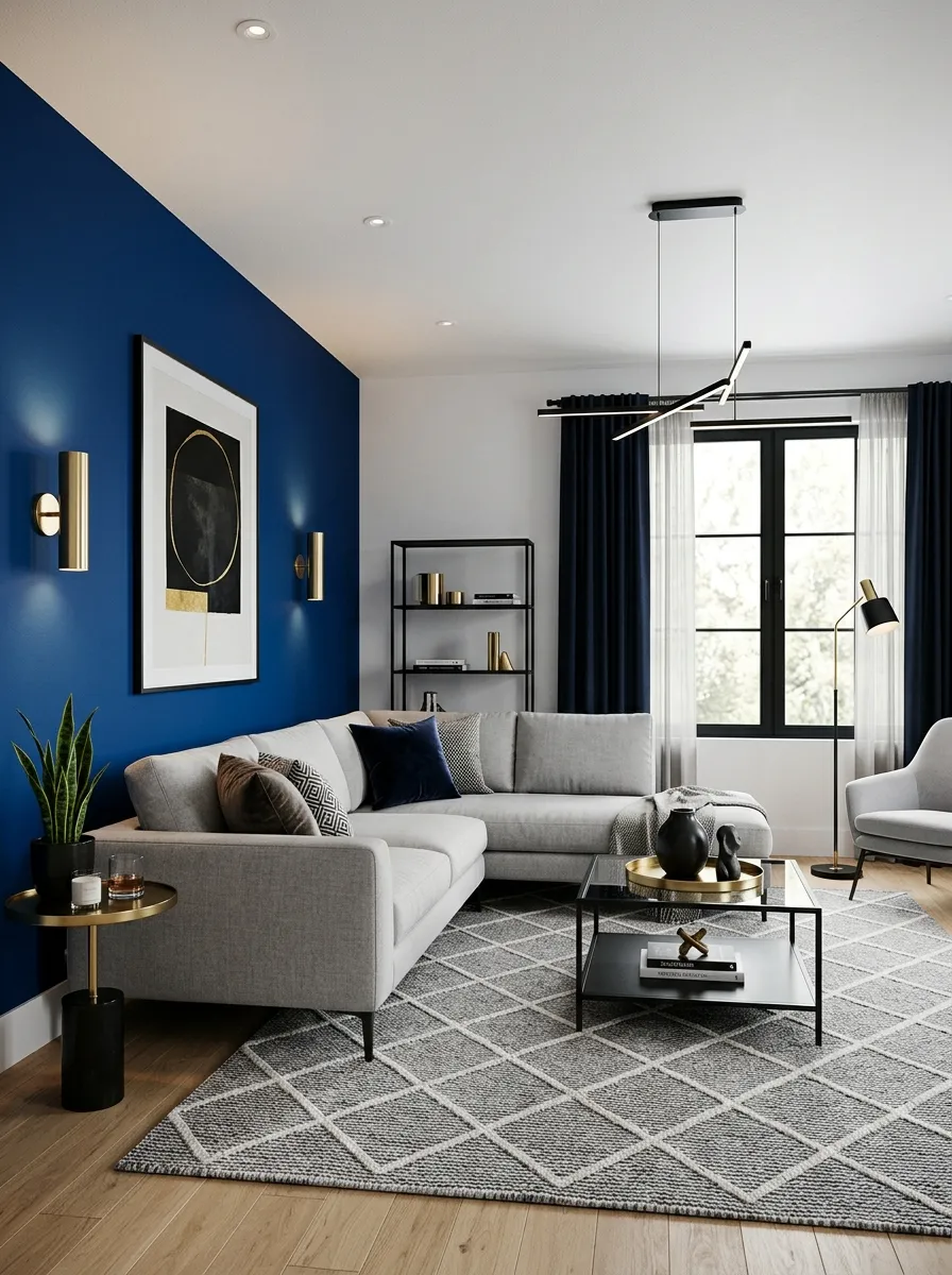 Bold cobalt blue accent wall in a modern living room with grey sectional and geometric rug