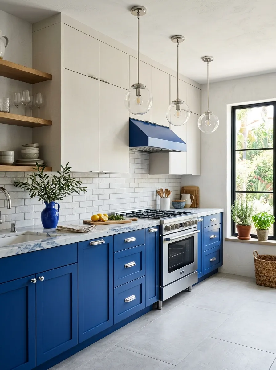 Cobalt blue lower cabinets and crisp linen upper cabinets with chrome hardware in a vibrant Mediterranean two toned kitchen cabinet design