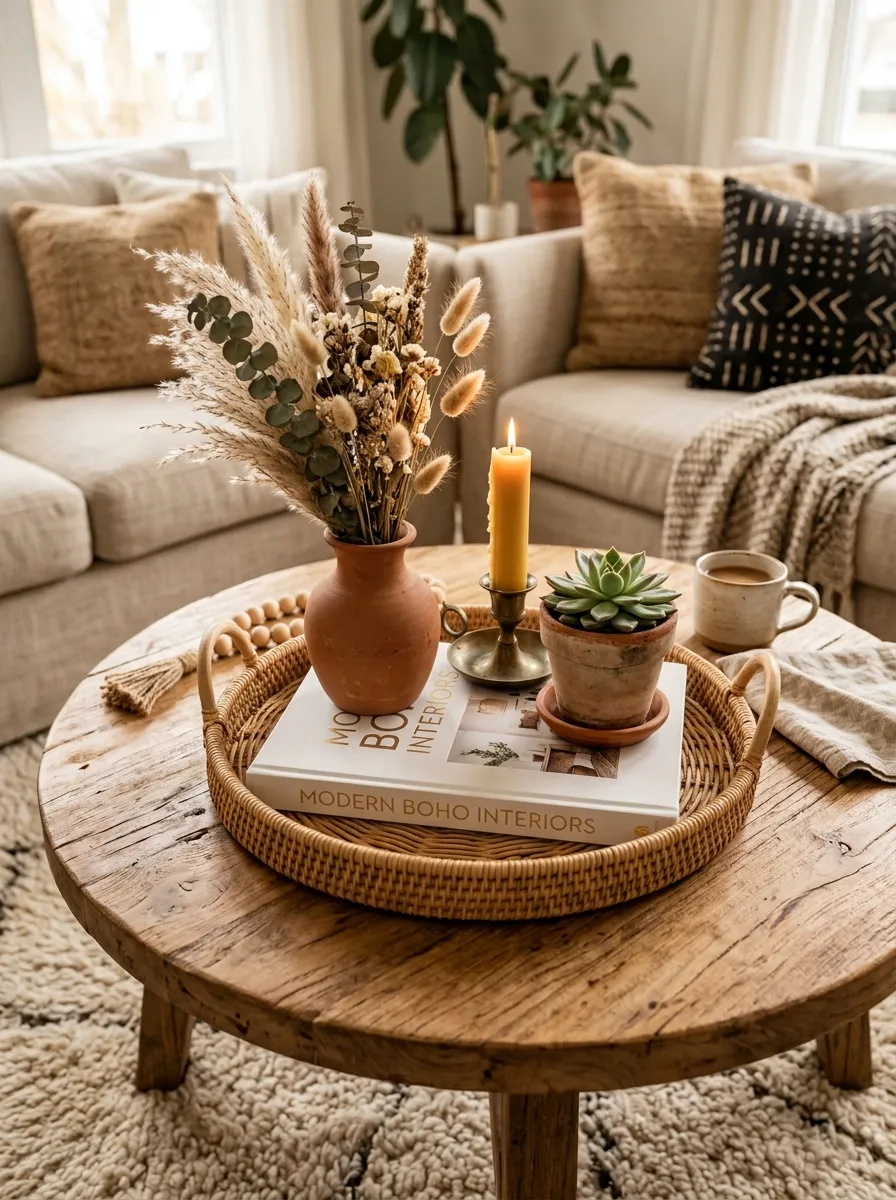 Beautifully styled Boho coffee table with natural wood, rattan tray, terracotta ceramics, brass candle, and dried stems in warm light