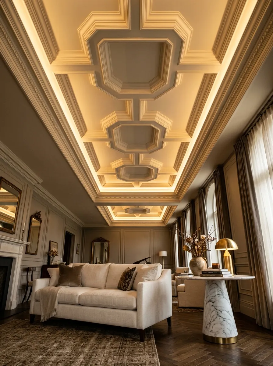 25 Luxury Living Room Ideas That Reveal the Design Details Most People Completely Overlook 3 Coffered ceiling with cove lighting above a linen sofa in an upscale living room decor setting