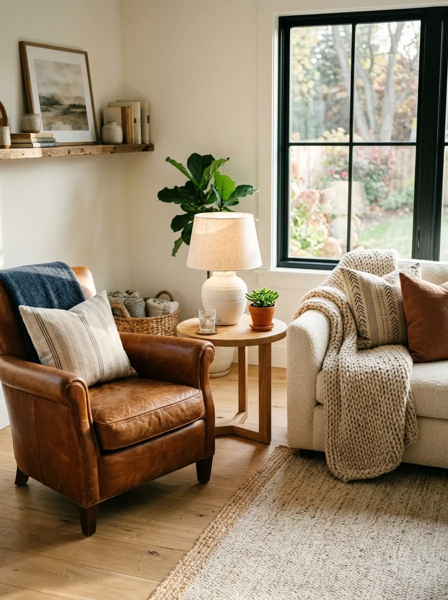 21 Modern Farmhouse Living Room Ideas That Perfectly Balance Texture, Warmth, and Modern Style 8 A farmhouse living room featuring a warm cognac leather armchair beside a cream boucle sofa, chunky knit throw, and wood side table with ceramic lamp.