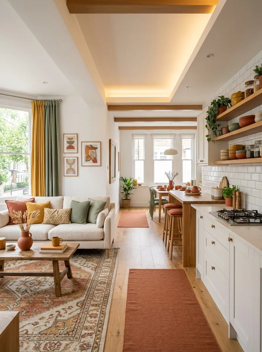 22 Colorful Apartment Decorating Ideas That Make Every Room Feel Bold, Stylish, and Cohesive 22 Cohesive colorful apartment decorating with terracotta, mustard, and sage green palette repeated across living room and kitchen