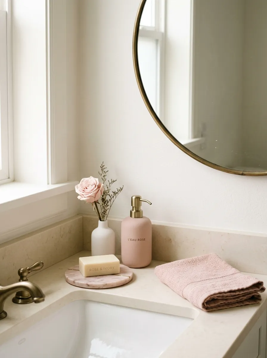 17 Bathroom Counter Styling Ideas for an Instant Aesthetic Glow Up That Looks Expensive 15 Bathroom counter styling with cohesive blush and ivory palette using ceramic dispenser, rose stem, and linen towel