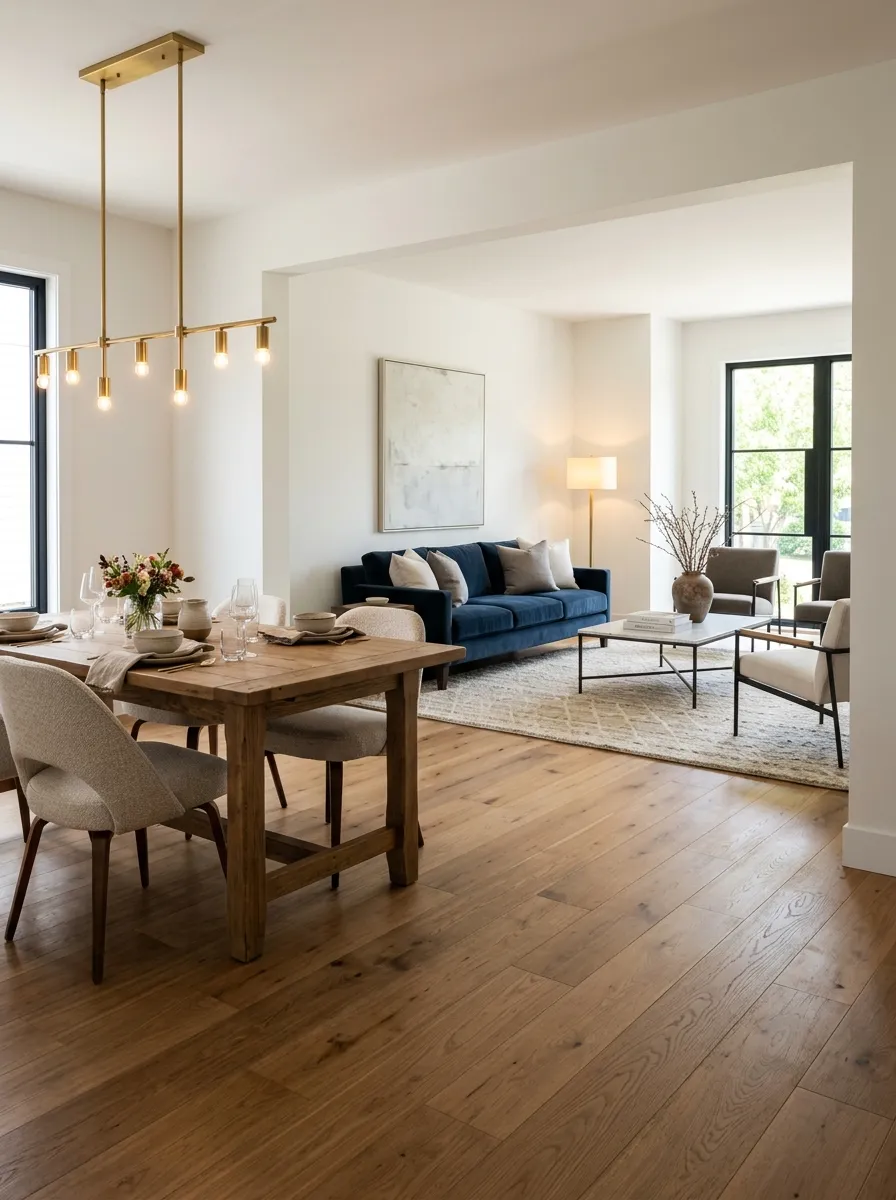 25 Luxury Living Room Ideas That Reveal the Design Details Most People Completely Overlook 19 Continuous oak flooring and matching brass fixtures creating cohesion between a luxury living room and dining zone